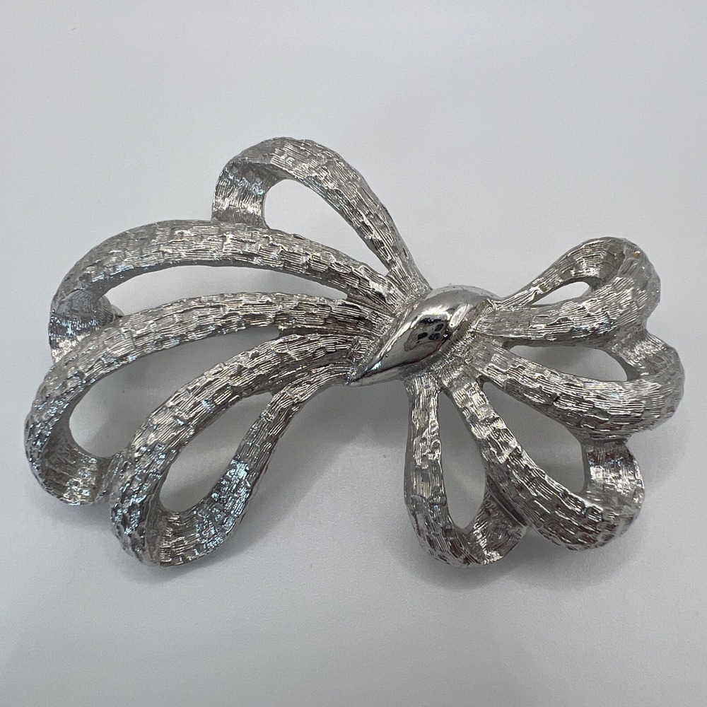 Vintage Monet Silver Tone Textured Ribbon Bow Brooch Pin Bark Finish Hallmark
